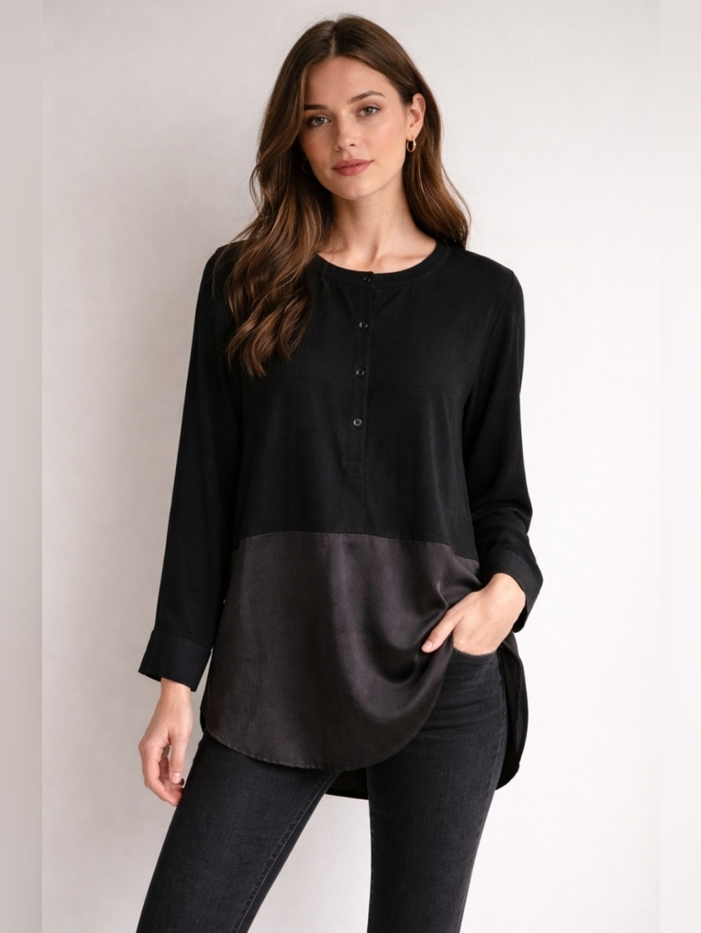 Eileen Fisher SILK Crepe Black Long-Sleeve Button Down Pullover Tunic Top Small